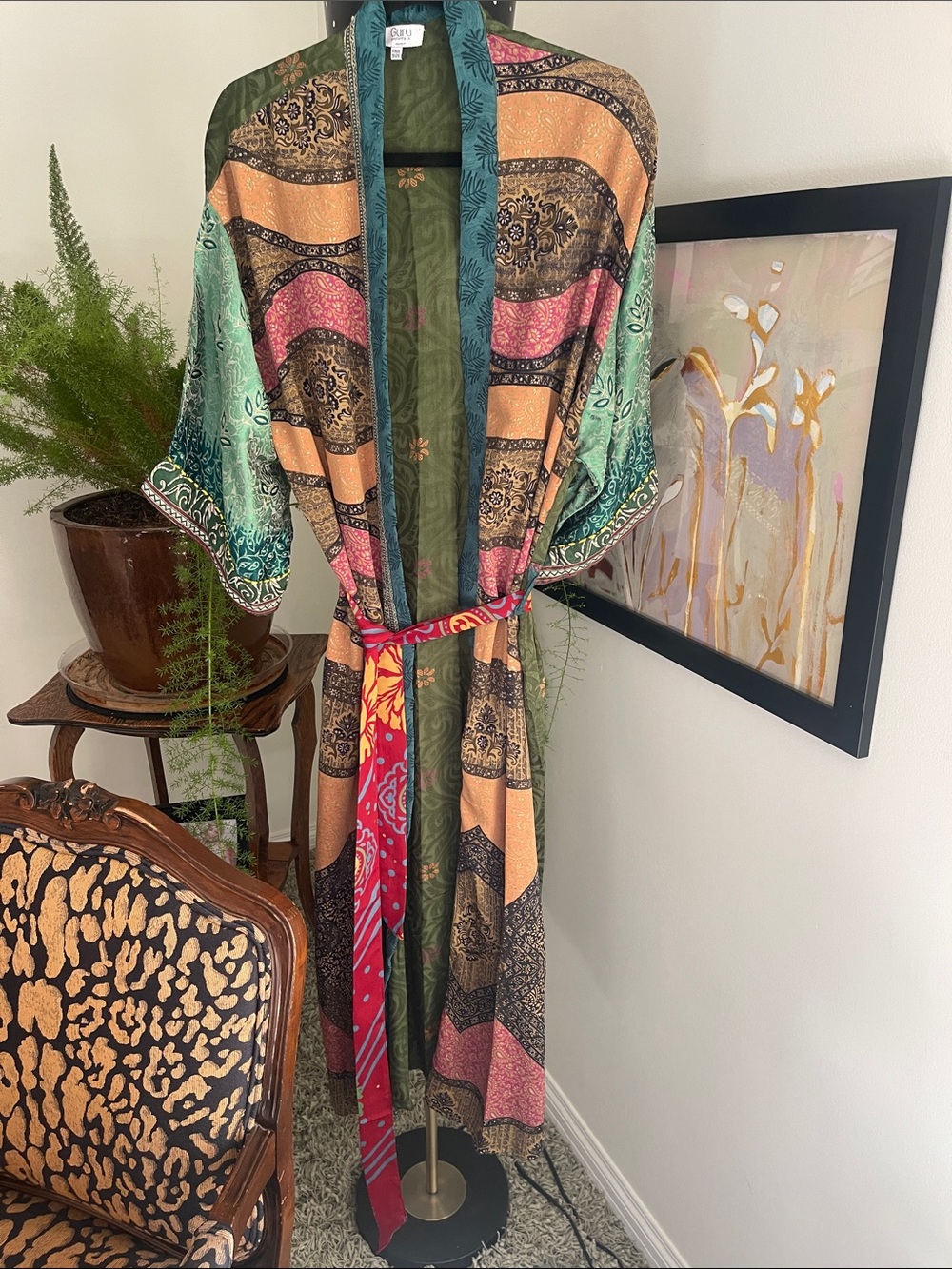 Multicolor Printed Kimono Robe - Green, Pink, Gold, Brown